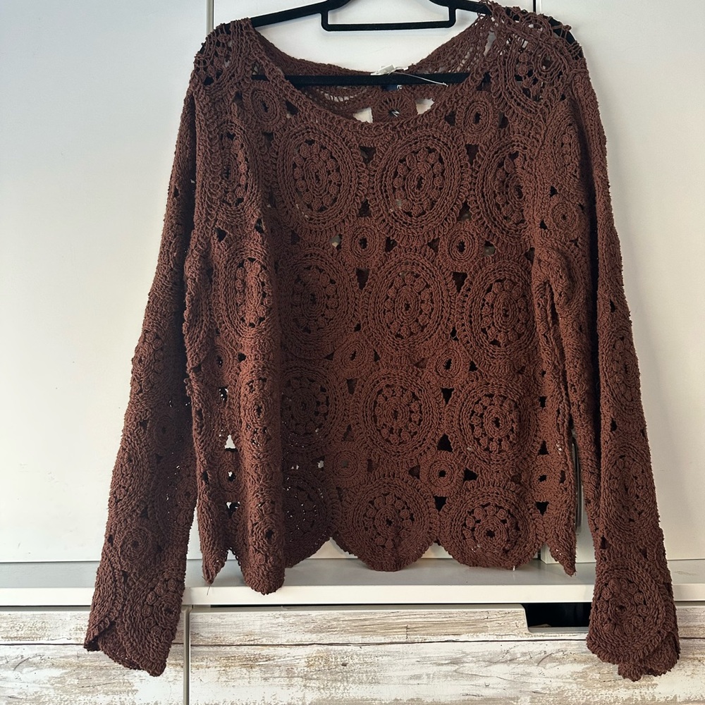 🤎 Ultra Pink Brown Crochet Sweater Boho Open Knit Cotton Size M NWOT